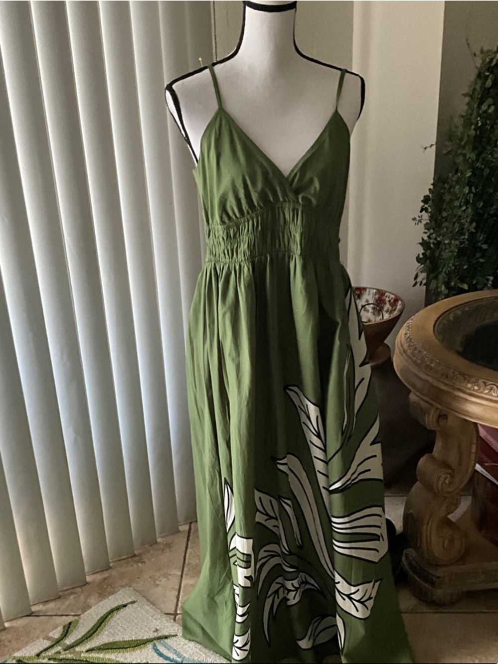 Japna Olive Green Maxi Dress with White Floral Print